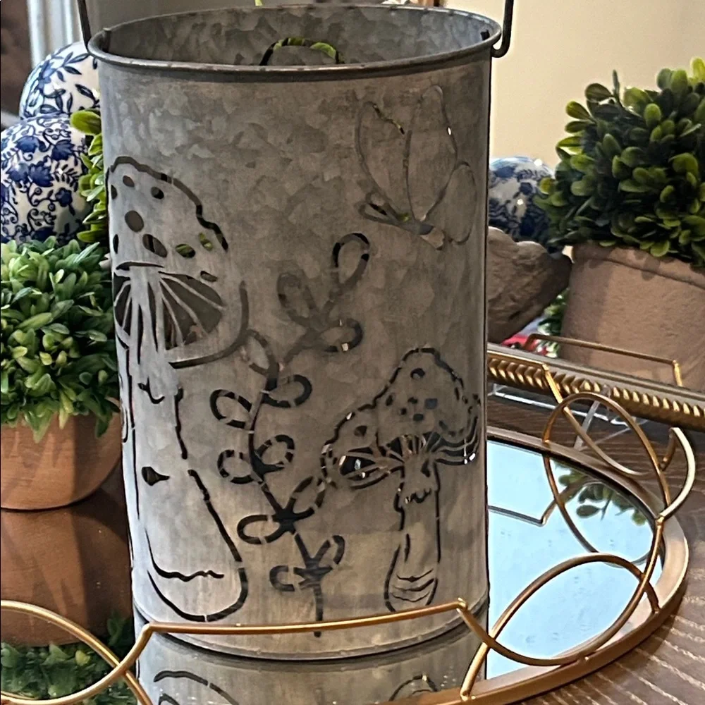 NEW! Enchanted Garden Mushroom & Butterfly Rustic Gray Galvanized Metal Lantern